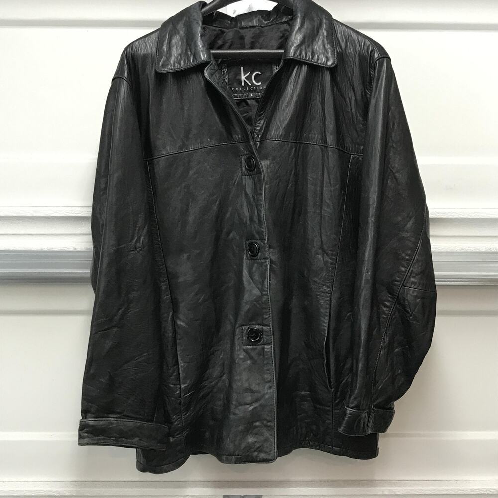 KC Collections Leather Jacket Womens Large Black Button Front Collared Lined